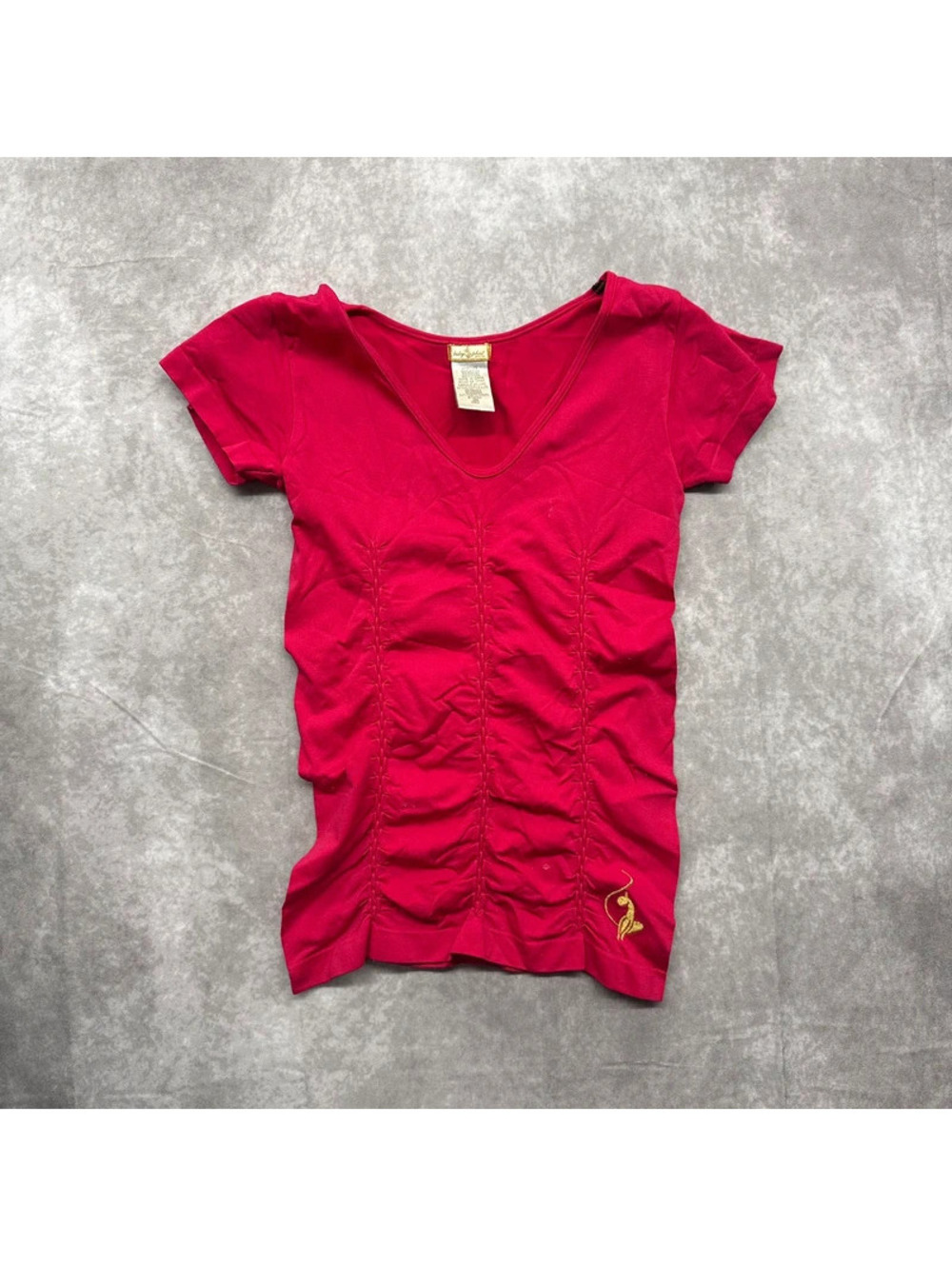 Vintage Baby Phat Women's Pink Ruched V-Neck Top Gold Cat Logo One Size Y2K